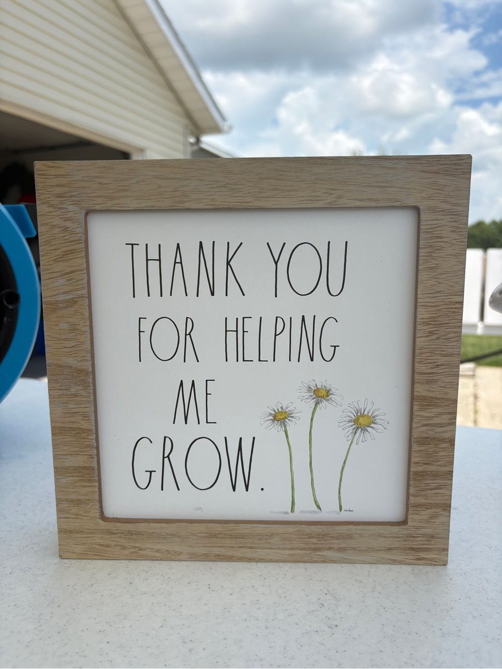 Rae Dunn Neutral Wood-Framed Thank You Sign with Green and Yellow Floral Accents